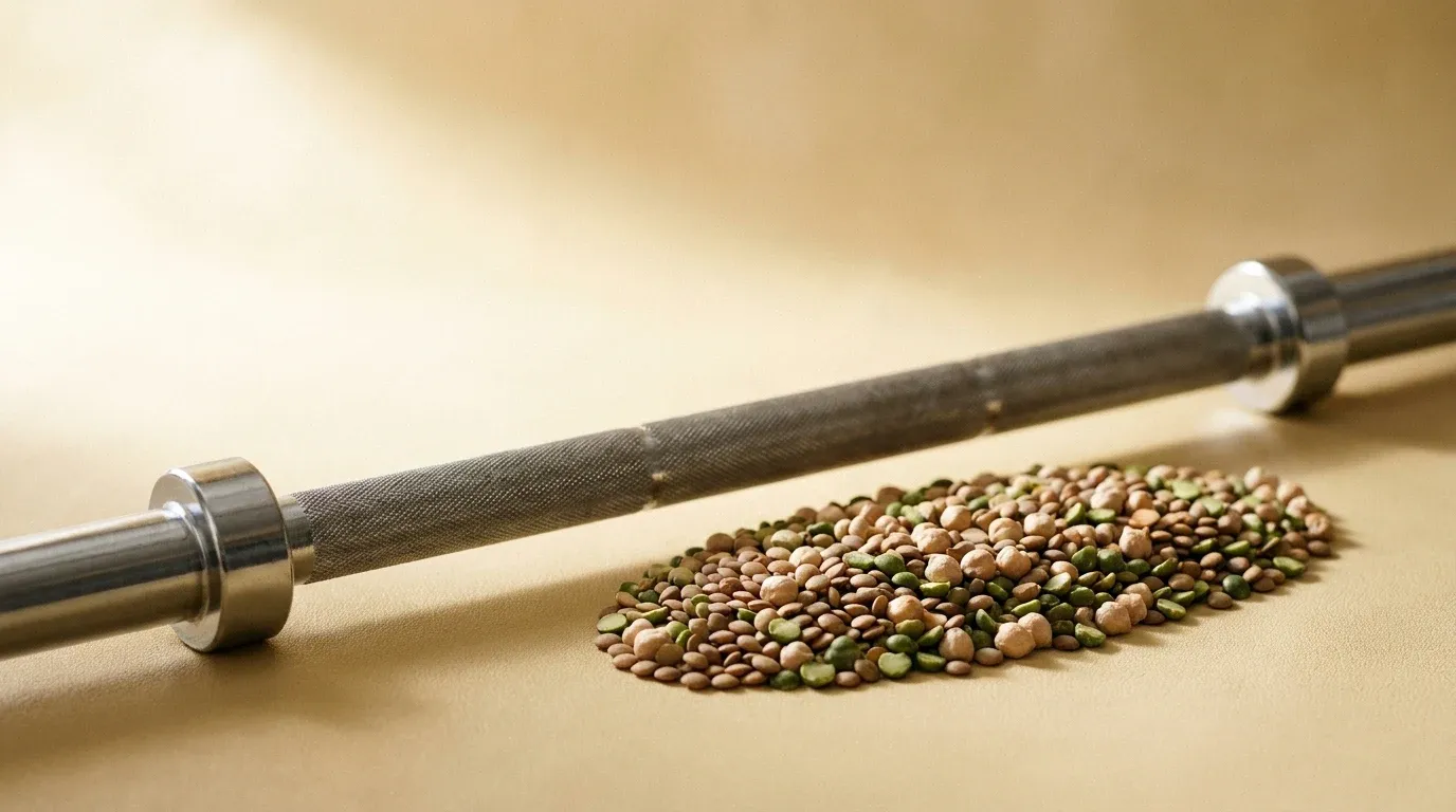 A chrome barbell beside a mound of dried legumes on a warm cream surface in golden light.