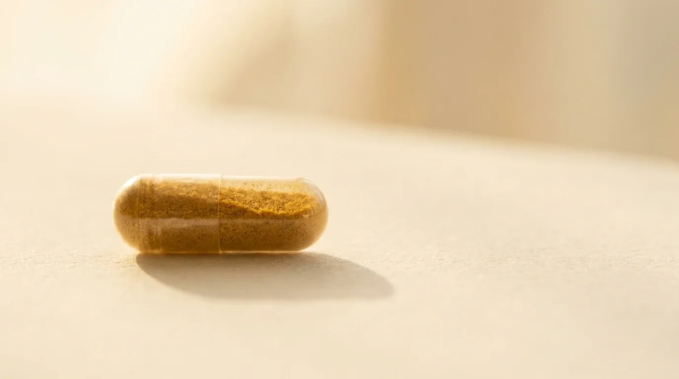 Amber supplement capsule lying on its side on a warm cream surface with soft shadow and bokeh background.