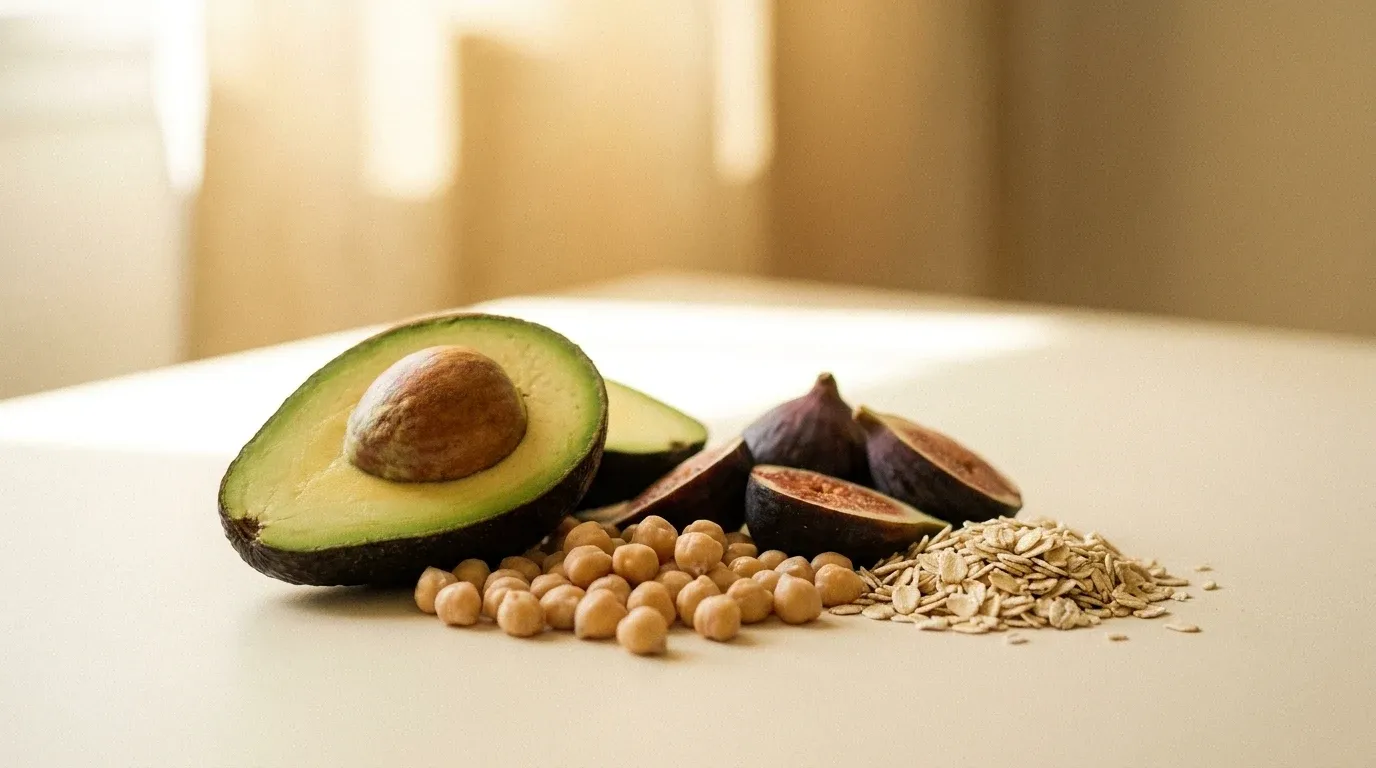 Close-up of fiber-rich foods: halved avocado, chickpeas, figs, and oats on a warm cream surface.
