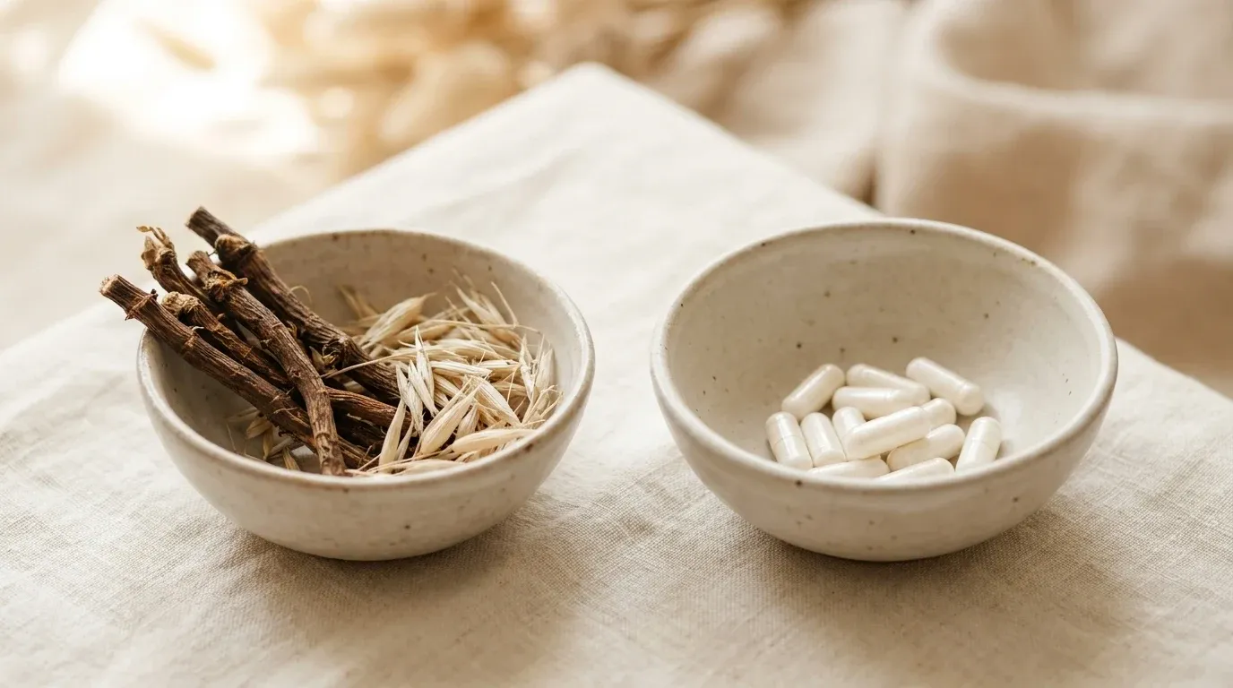 Two ceramic bowls with chicory root fibers and probiotic capsules side by side on warm linen.