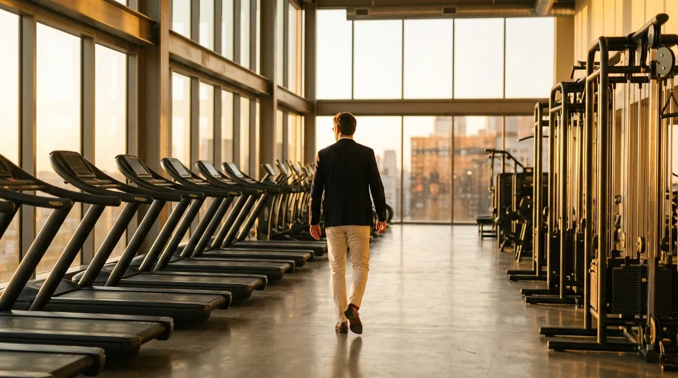 Person walking through a spacious, modern gym interior bathed in warm golden light from large windows.