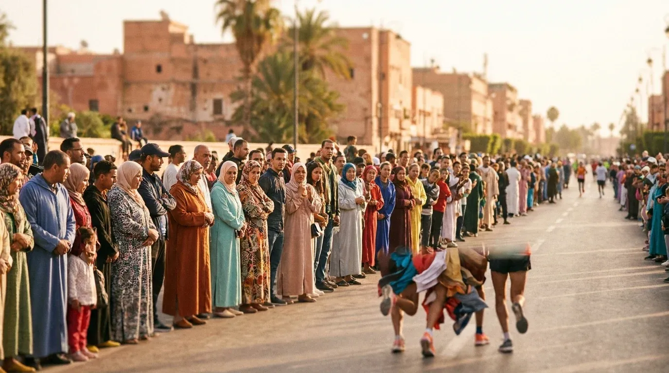 A dense crowd of spectators in traditional Moroccan clothing watches runners stride past on a sun-drenched urban boulevard.