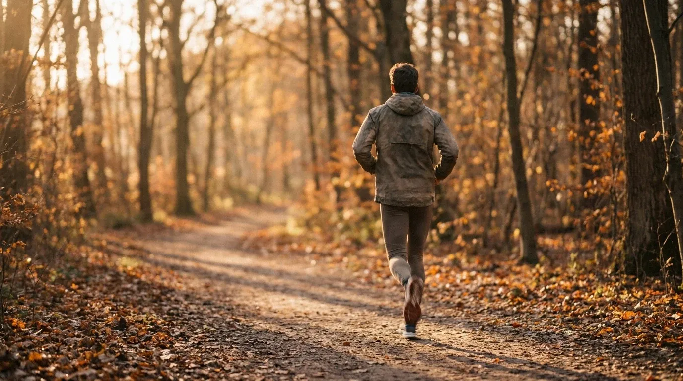 Runner jogging on an autumn leaf-covered trail in golden-hour light, surrounded by bare trees.