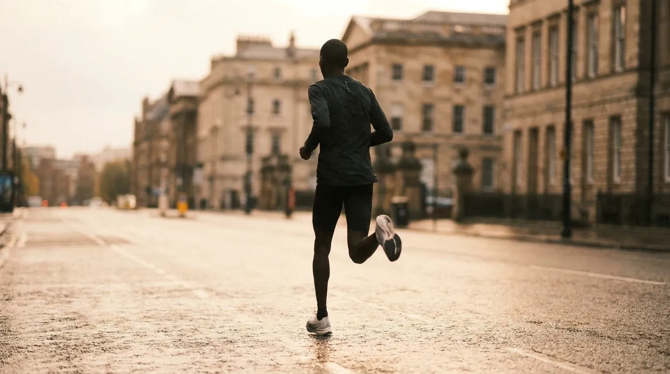 Elite runner mid-stride on a rain-dampened urban road in soft morning light.