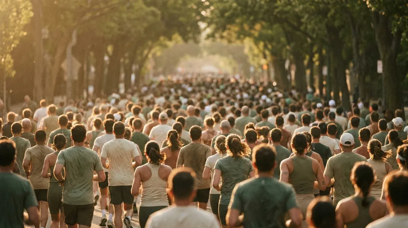 A dense crowd of runners photographed from behind on a tree-lined urban avenue in golden morning light.