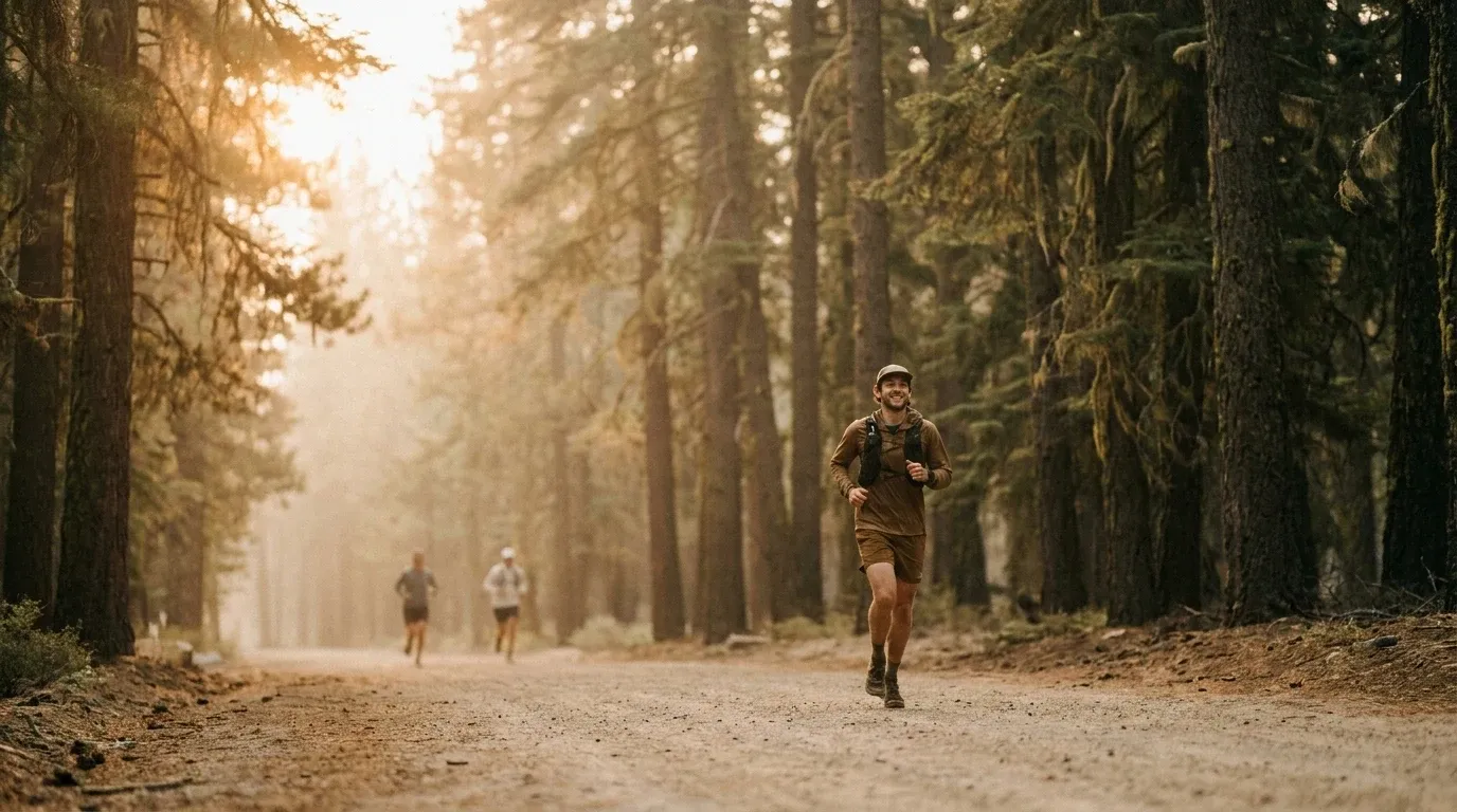 Trail runner in mid-stride on a sunlit forest path with two blurred runners behind, suggesting a shared journey.