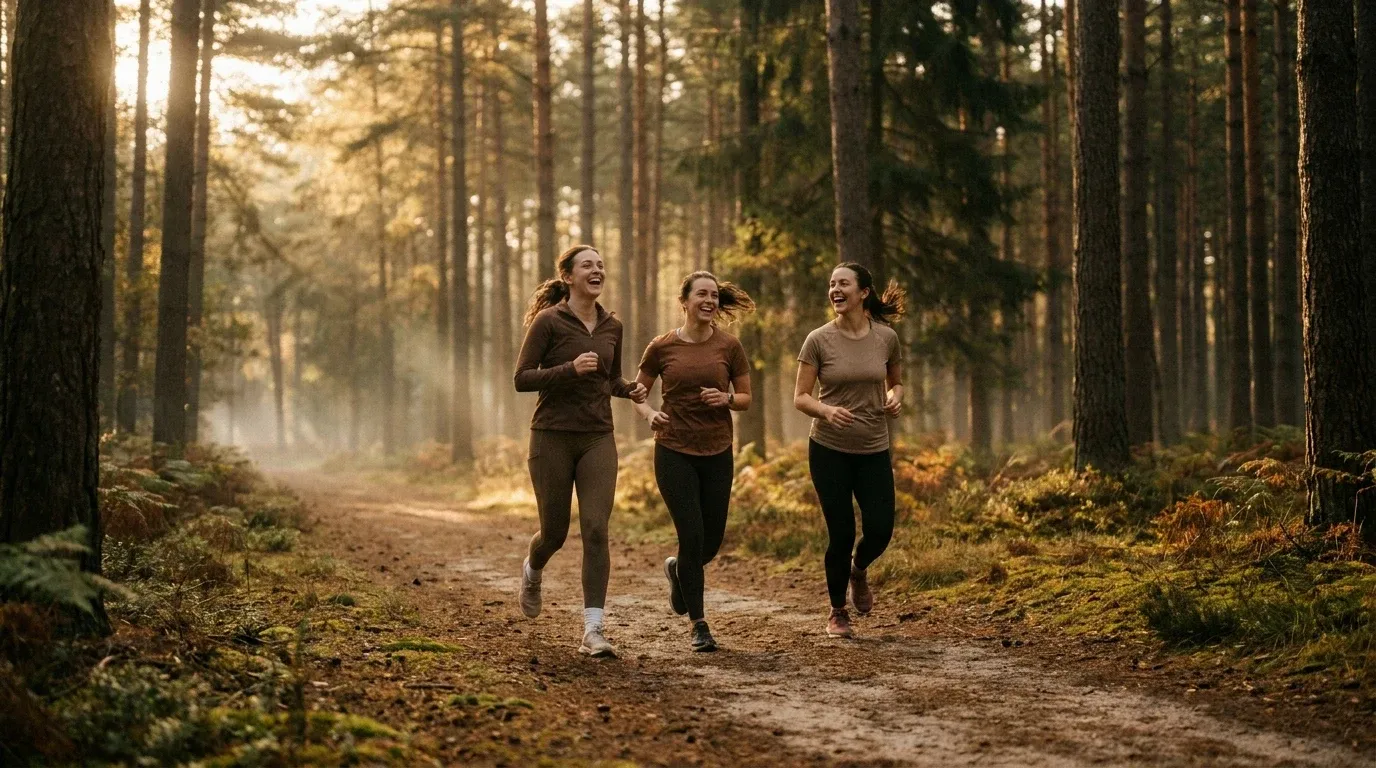 Three women running together on a forest trail, laughing and chatting in soft morning light.
