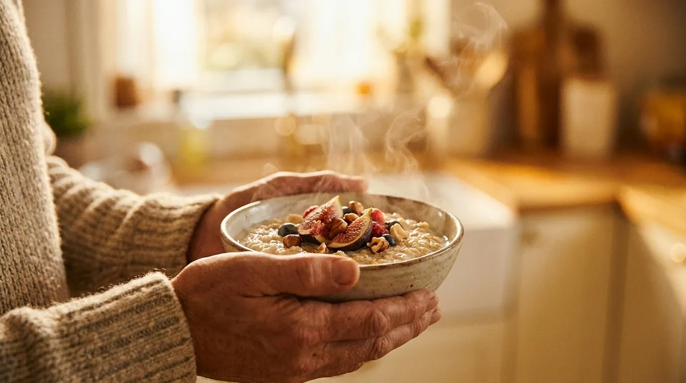 Two hands cradling a warm bowl of oatmeal with fruit, steam glowing in soft golden morning light.