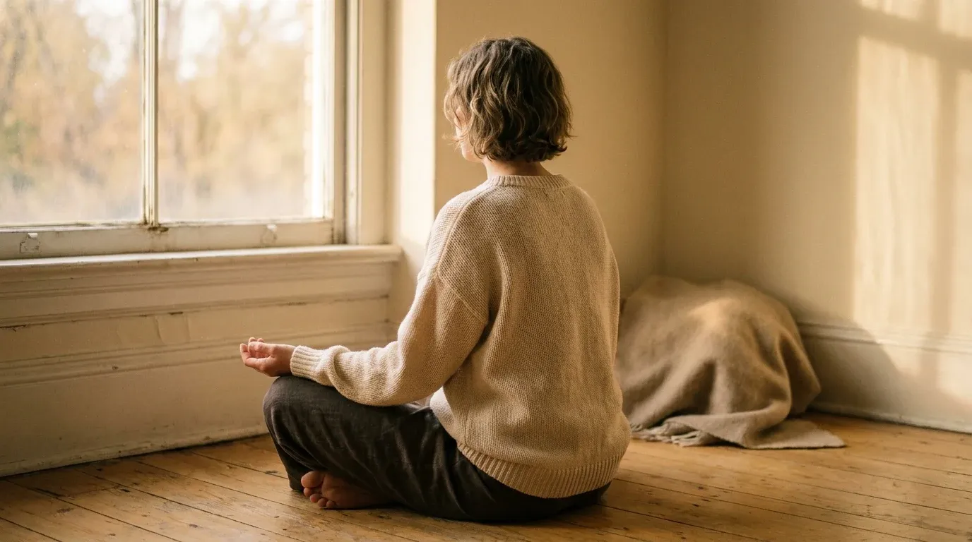 Person seated cross-legged by a window in soft golden morning light, hands resting open on their knees.