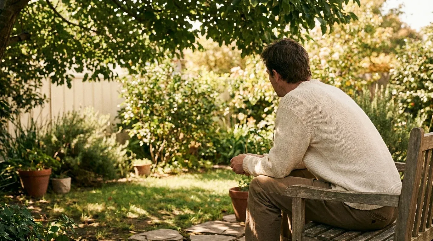 Person seated on a garden bench, face turned toward foliage, in soft natural afternoon light and stillness.