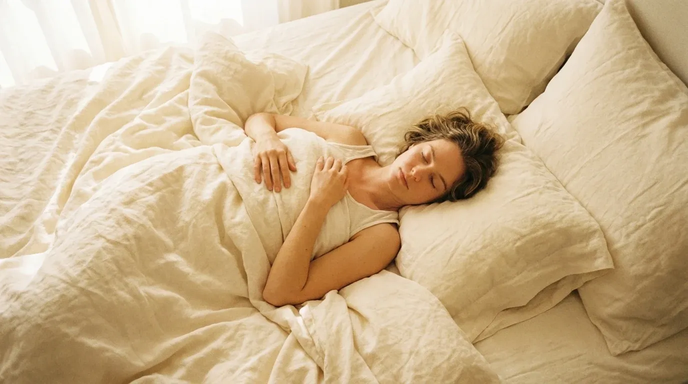 Person sleeping peacefully on cream bedding, shot from above in soft golden morning light.