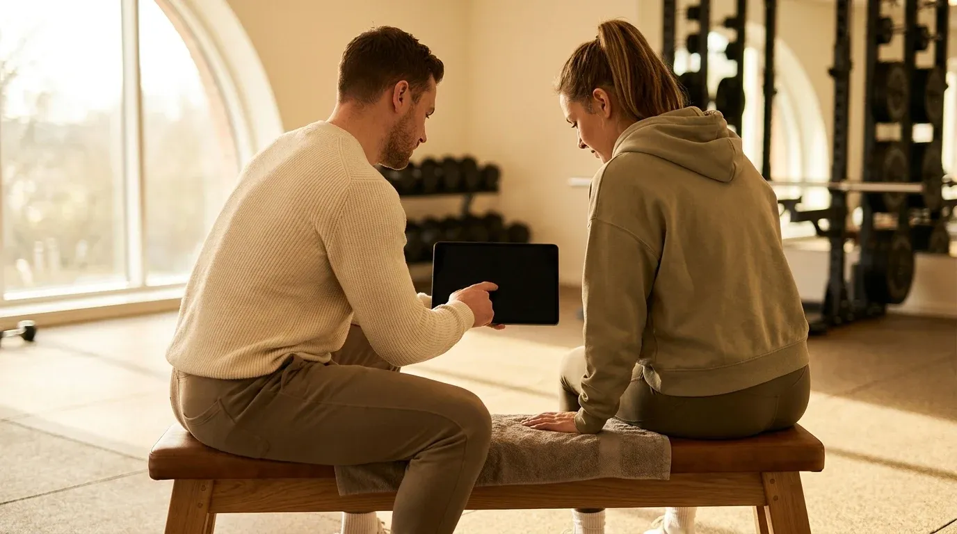 A personal trainer seated beside a gym client, gesturing toward a tablet positioned between them.