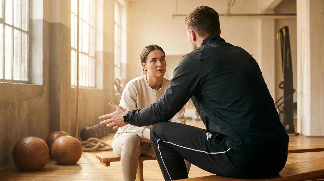 Personal trainer and client having a thoughtful conversation on a gym bench in warm natural light.