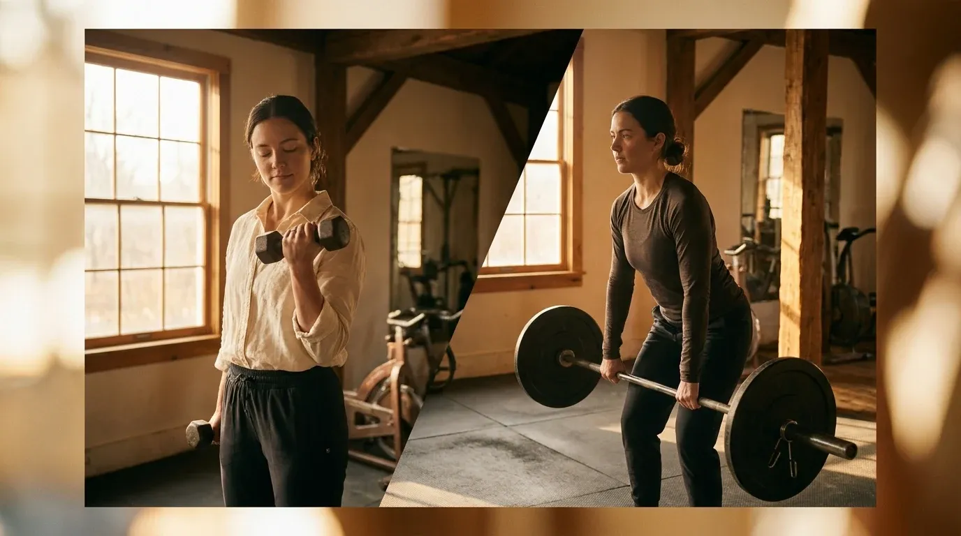 Split-screen showing a person lifting a light dumbbell with ease on the left and a heavy barbell with effort on the right.