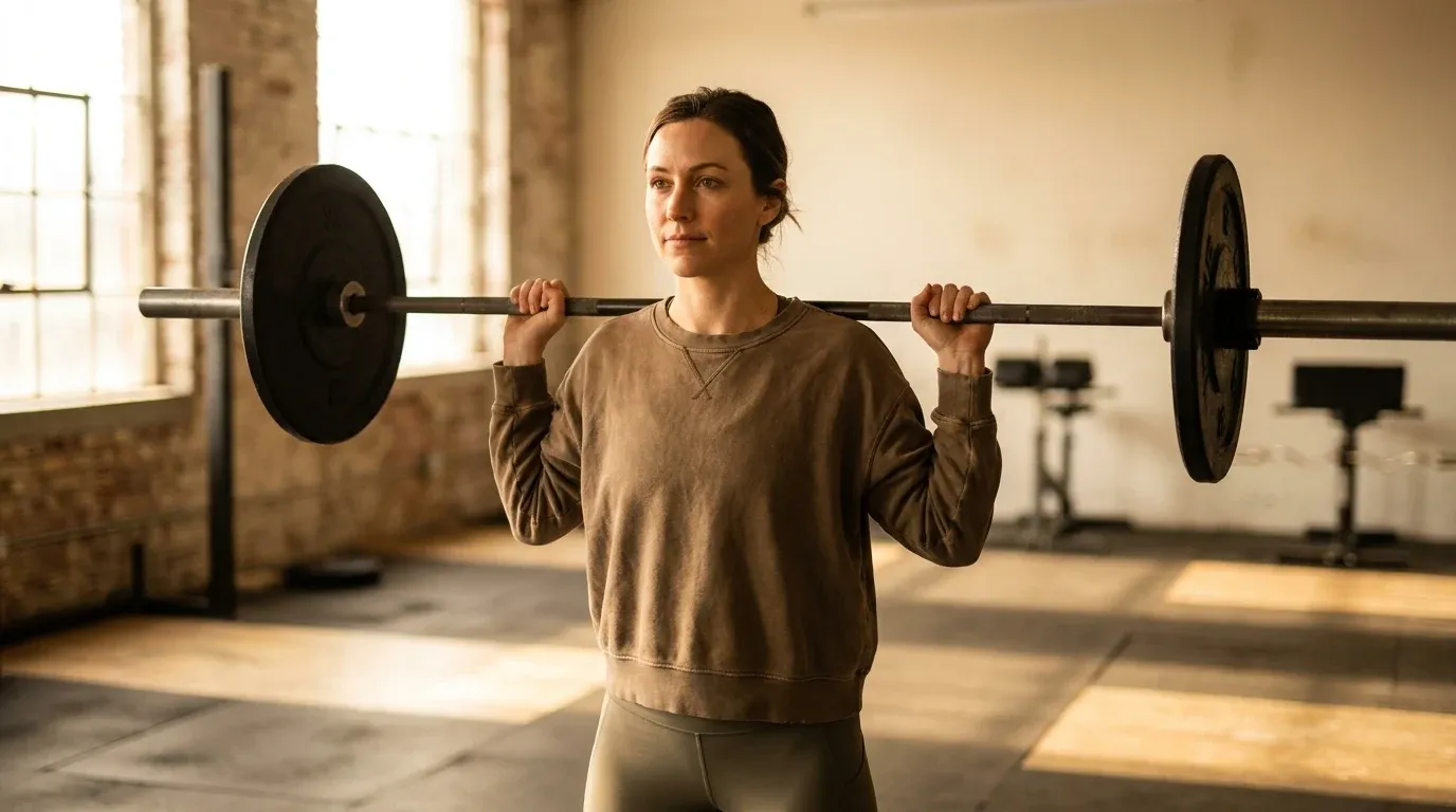 Woman in her mid-thirties resting a barbell across her shoulders at a gym, looking calm and composed in warm natural light.