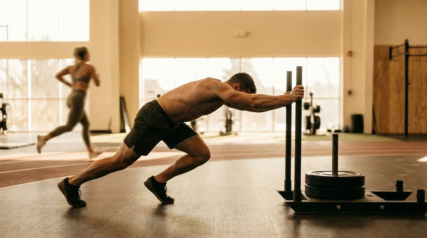 Athlete driving a sled forward while a runner sprints in the background of a fitness competition hall.