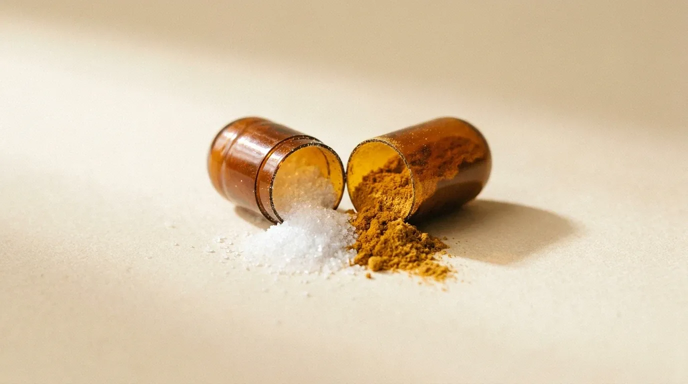 An amber capsule split open revealing contrasting powders: bright white crystalline granules and fine ochre powder.
