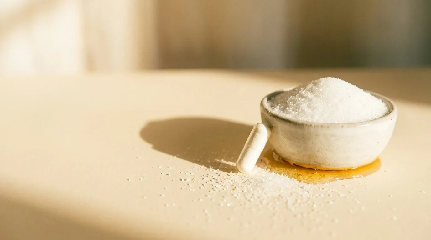 A white capsule standing next to a ceramic bowl with spilled granulated sugar on a warm surface.