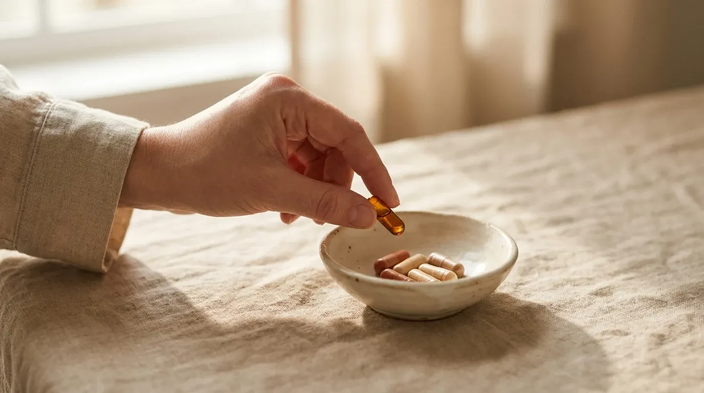 A hand selects an amber supplement capsule from a ceramic dish in warm natural light.