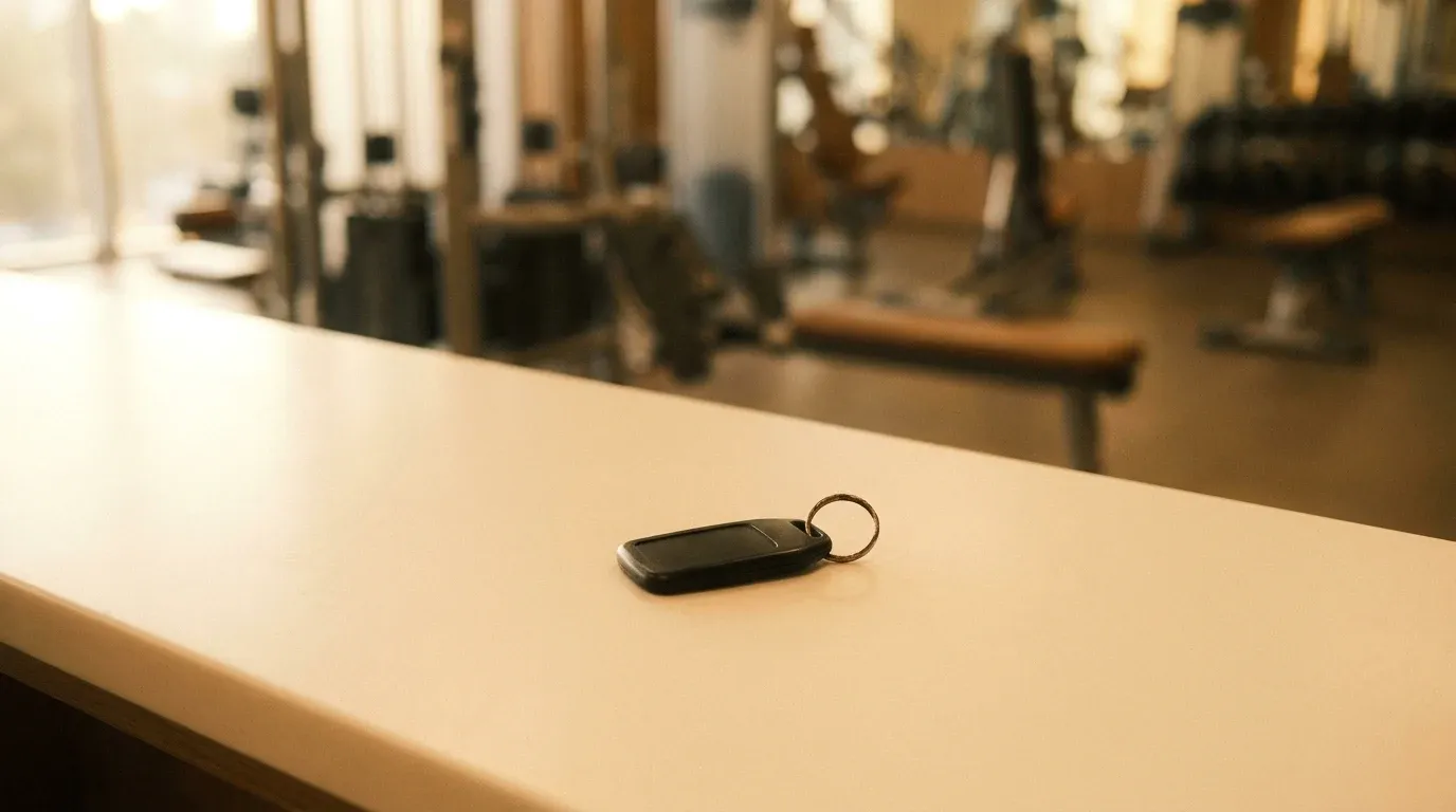 An abandoned gym access fob rests on an empty reception counter, symbolizing member departure.