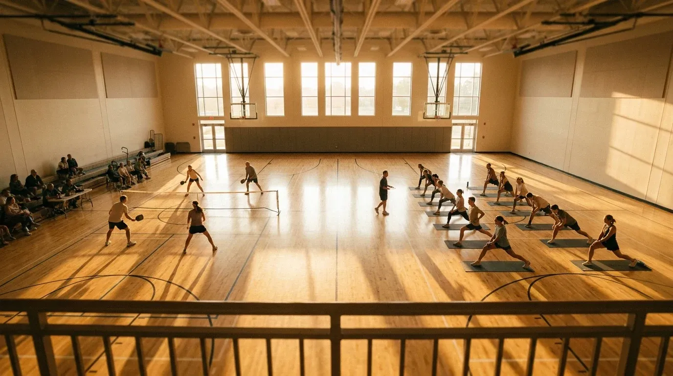Overhead view of a gymnasium with an active pickleball court on the left and a running group stretching on the right.