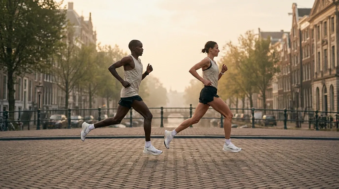 Two elite marathon runners stride side by side on a wide European boulevard in soft golden morning light.