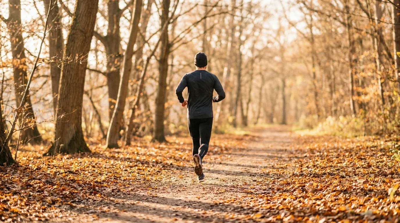 Lone runner seen from behind on a leaf-covered forest trail in warm golden-hour light.