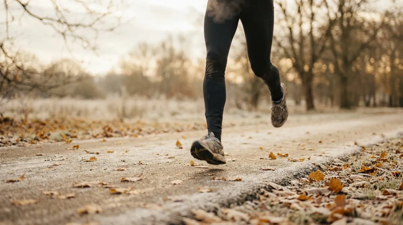 Runner's legs in mid-stride on a frost-covered winter path with scattered leaves.