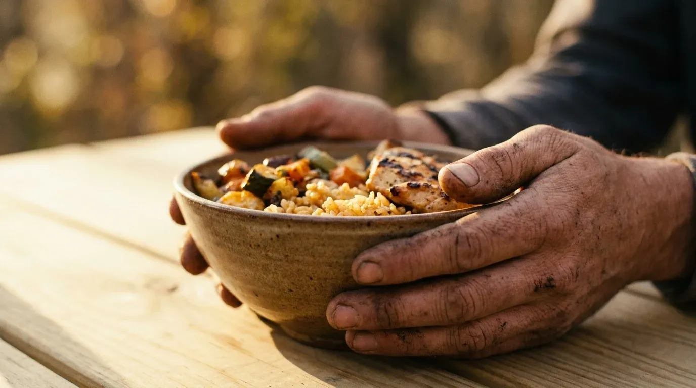 Trail runner's mud-caked hands cradling a bowl of rice and protein after an ultramarathon.