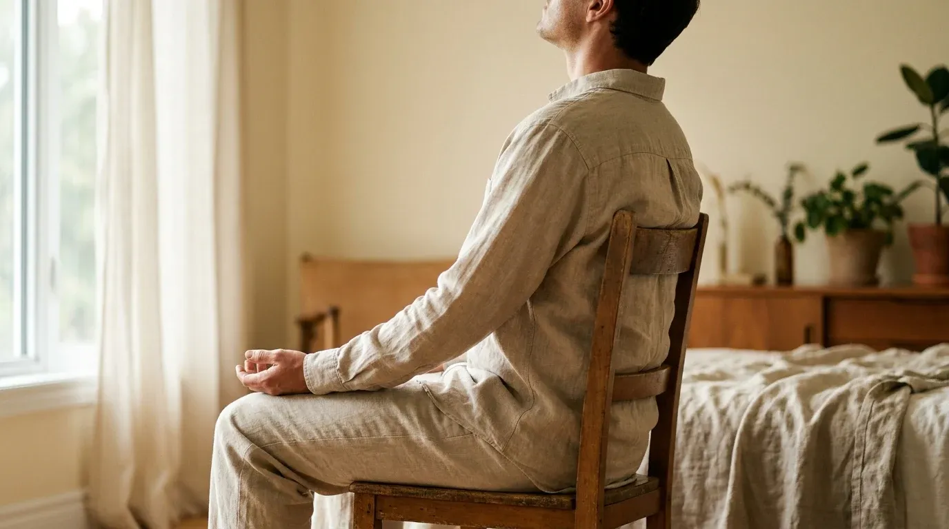Person seated upright in a wooden chair with hands resting open, bathed in soft golden morning light.