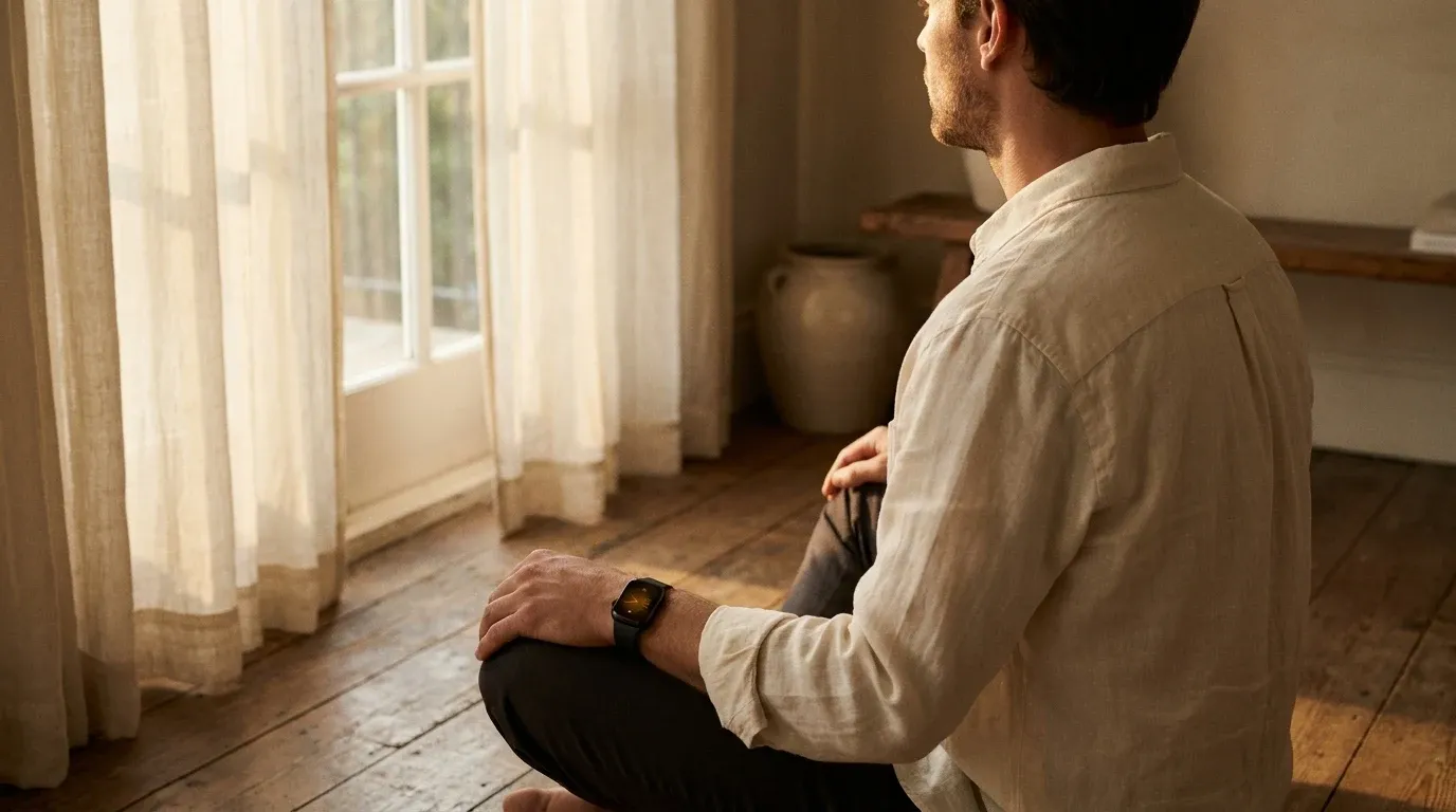 Person sitting contemplatively with a smartwatch on their wrist, bathed in soft golden morning light.
