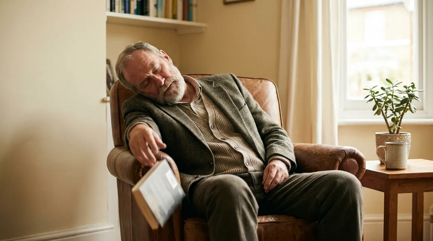 Older adult asleep in armchair with head drooping to one side, book slipping from hand.