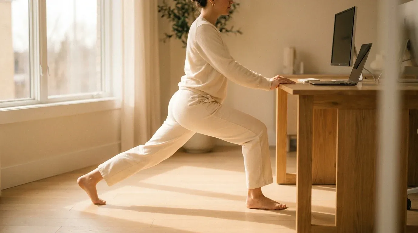 Person performing a hip flexor stretch beside an office desk in a bright, minimalist workspace.