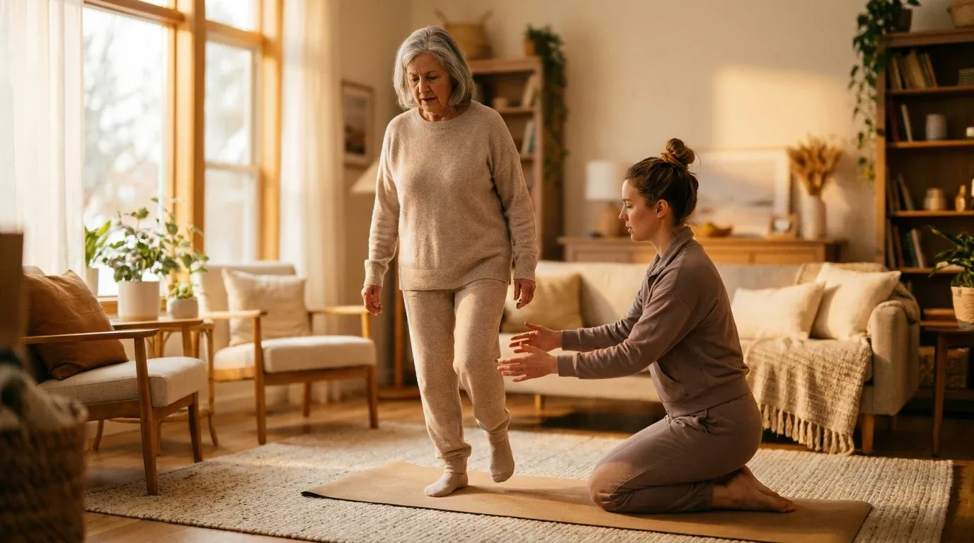 An older woman performs a balance exercise guided by an attentive trainer in a sunlit living room.