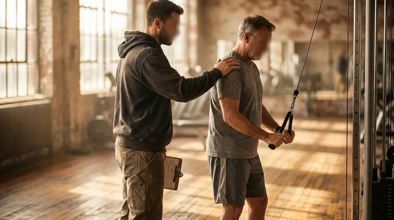 A coach guides a middle-aged client on a cable machine in warm natural golden light.