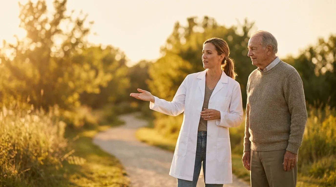 A physician in white coat gestures toward a sunlit walking path while an older patient listens attentively nearby.
