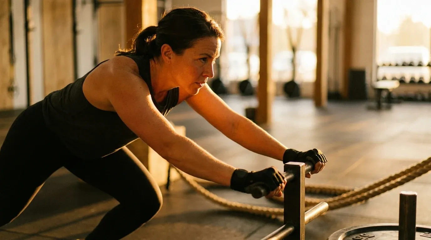 Athletic woman pushing a weighted sled with determination in a fitness facility, bathed in warm golden-hour light.