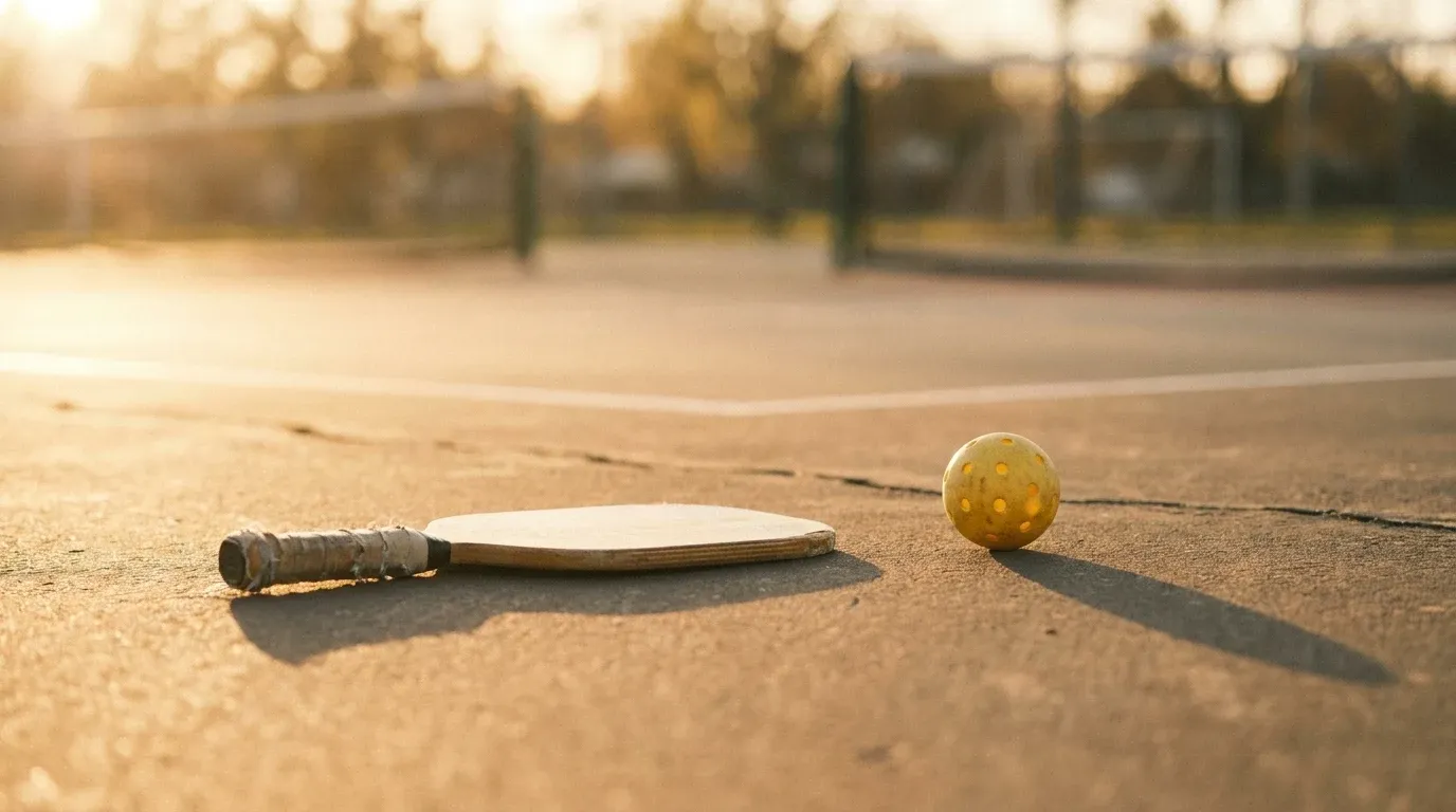 A worn pickleball paddle rests on an empty court with a ball beside it in golden-hour light.