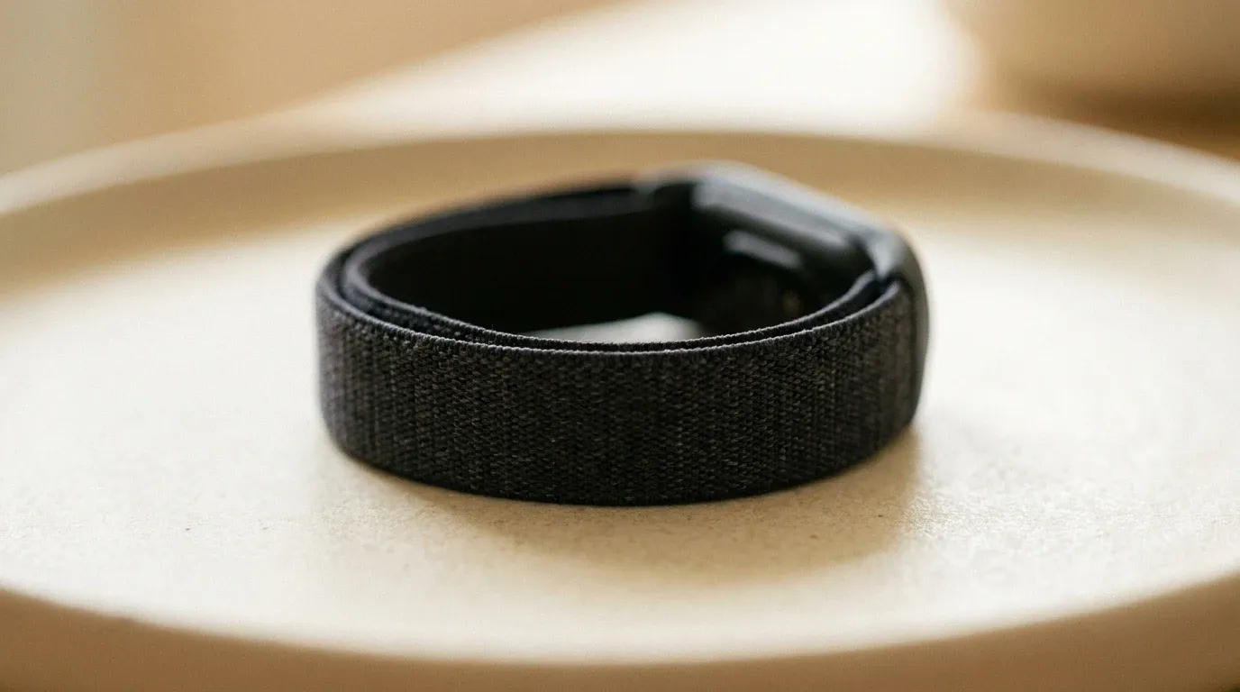 Sleek dark charcoal fitness tracker without screen resting on warm cream surface in soft natural light.