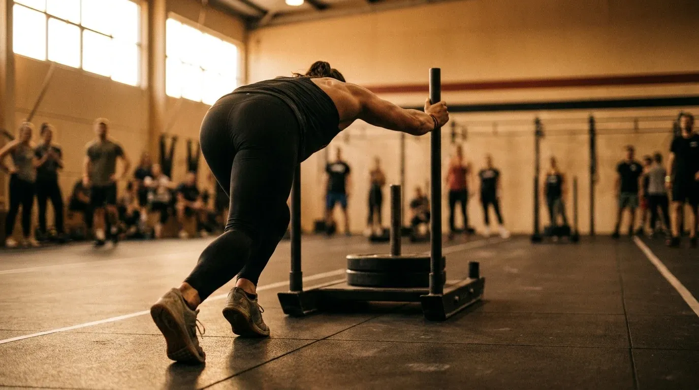 Athlete driving a competition sled across a gym floor in warm golden light during a race.
