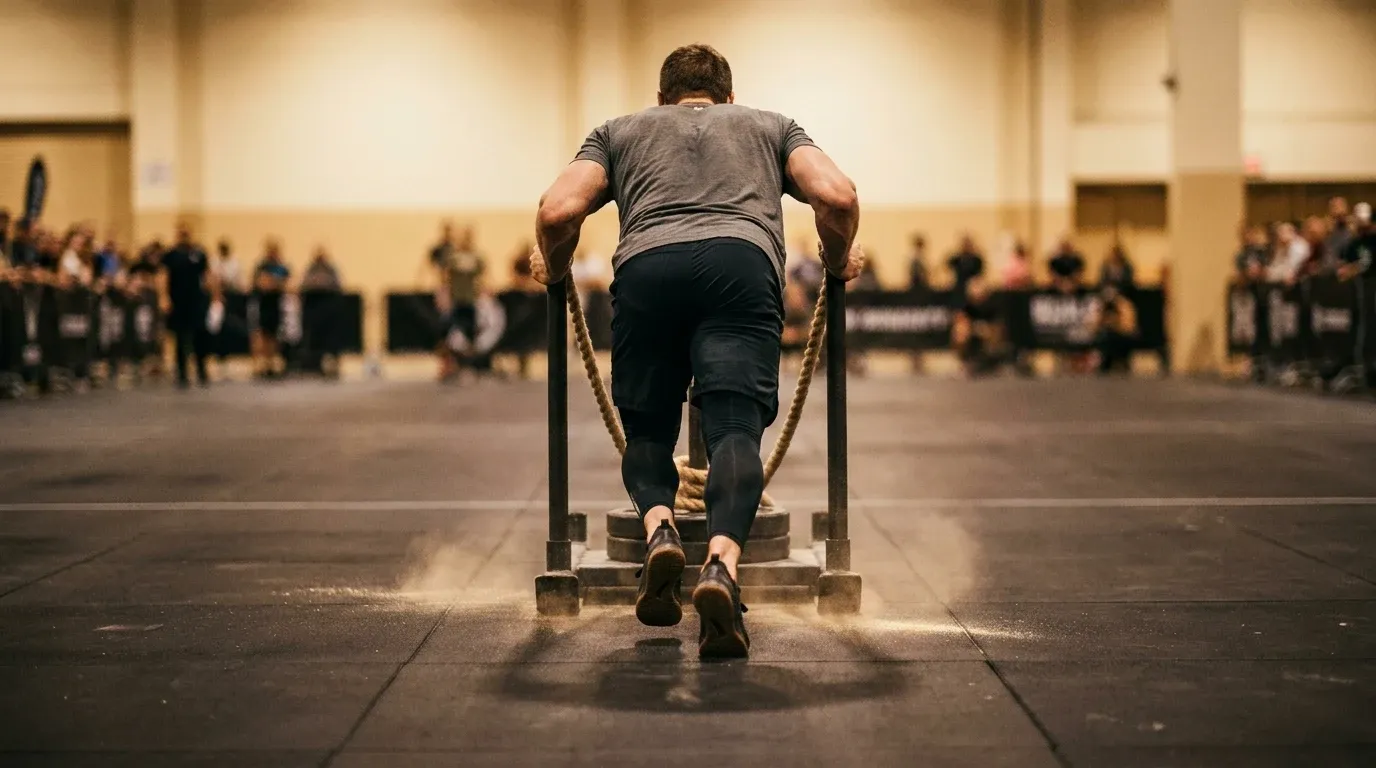 Male athlete driving a loaded competition sled across polished black gym flooring under warm golden ambient lighting.
