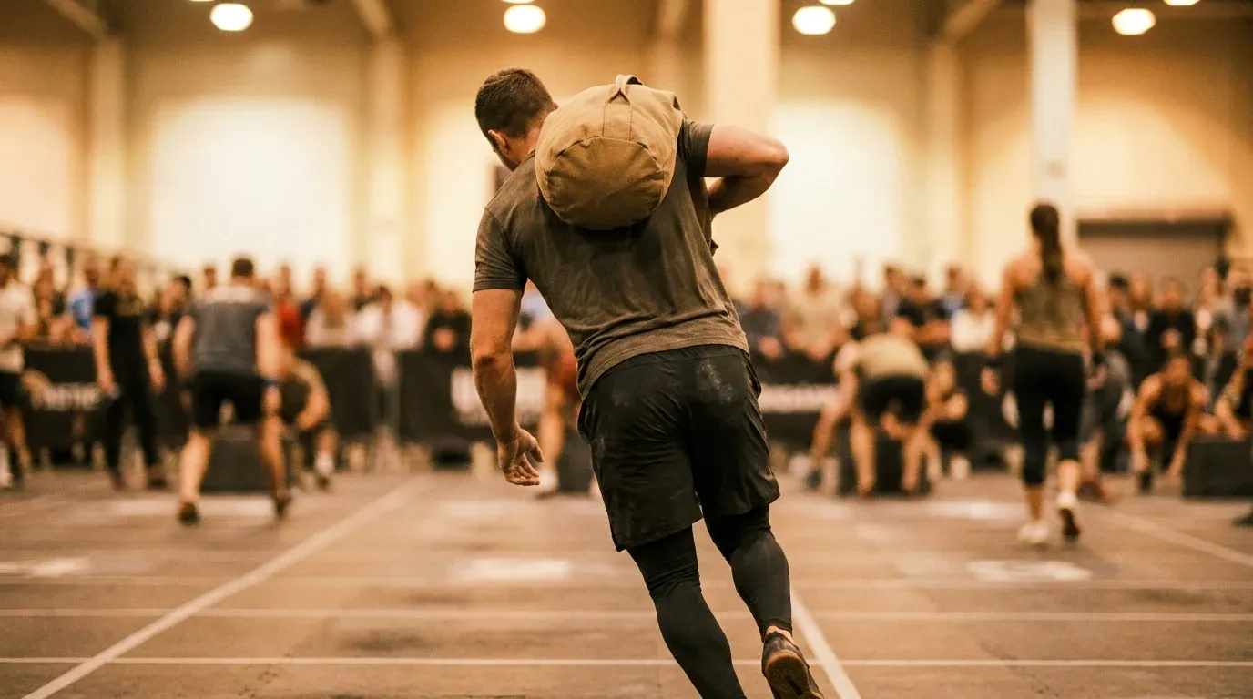 Athlete mid-stride carrying a sandbag over shoulder during competition, shot from low angle with warm lighting.