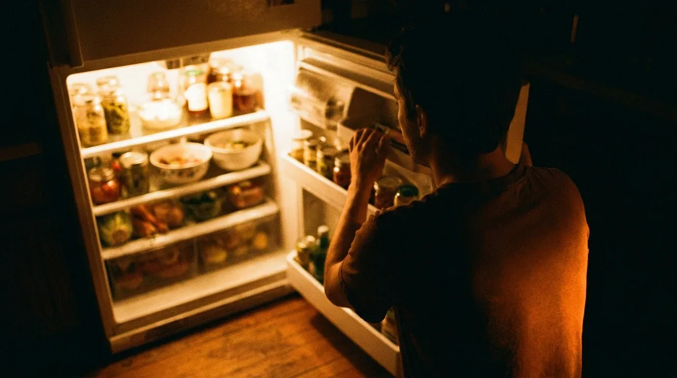 Person standing at an open refrigerator at night, illuminated by its warm glow in a dark kitchen.