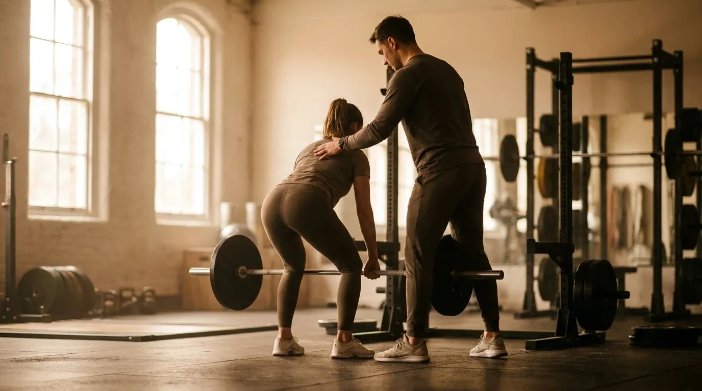 A personal trainer guides a client's posture during a deadlift in a bright, sunlit gym with warm golden light.