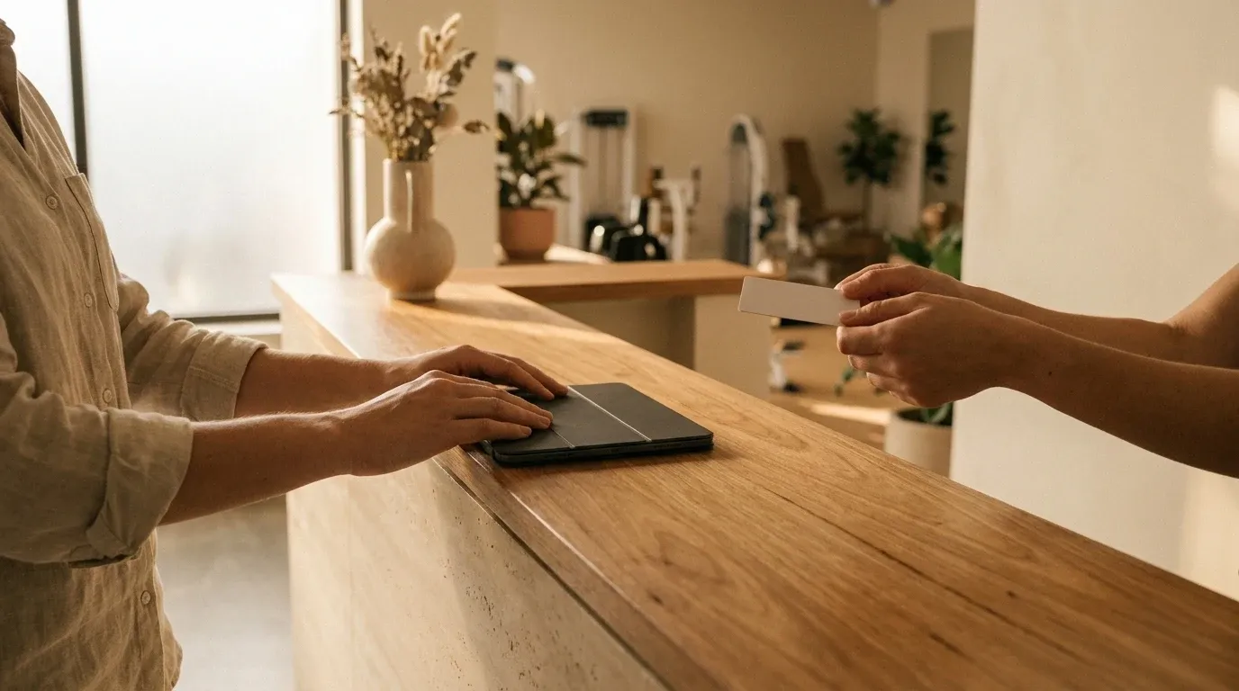 A gym member at the reception desk interacting with staff during a transaction in warm natural light.