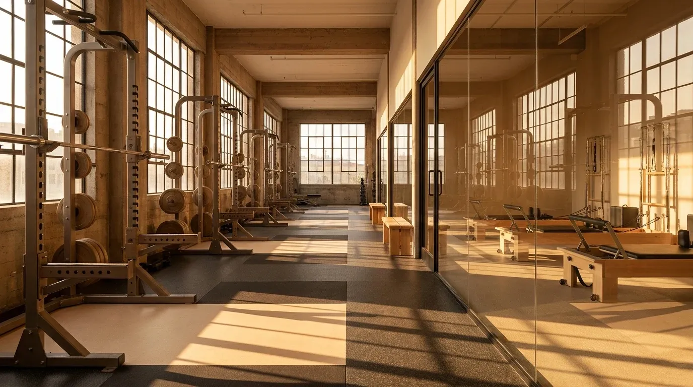 Modern gym floor with strength training equipment and boutique studio separated by glass, lit by natural morning light.
