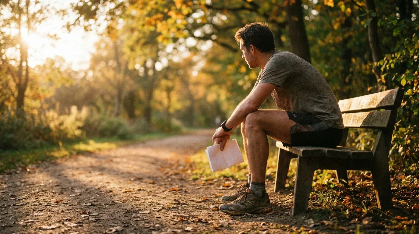 A solo runner sits on a park bench in golden light, thoughtfully holding a race flyer.