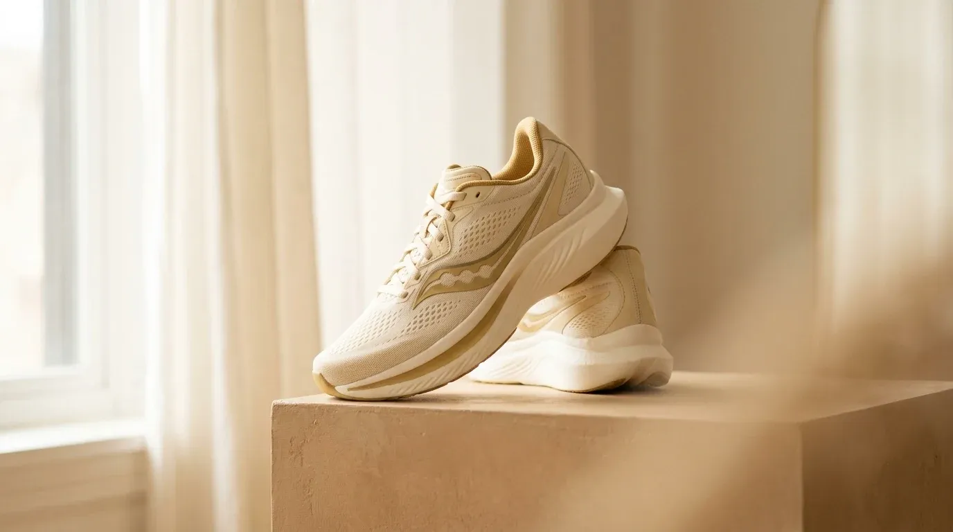 Saucony Endorphin Speed 6 running shoe displayed in profile view against a warm cream background.