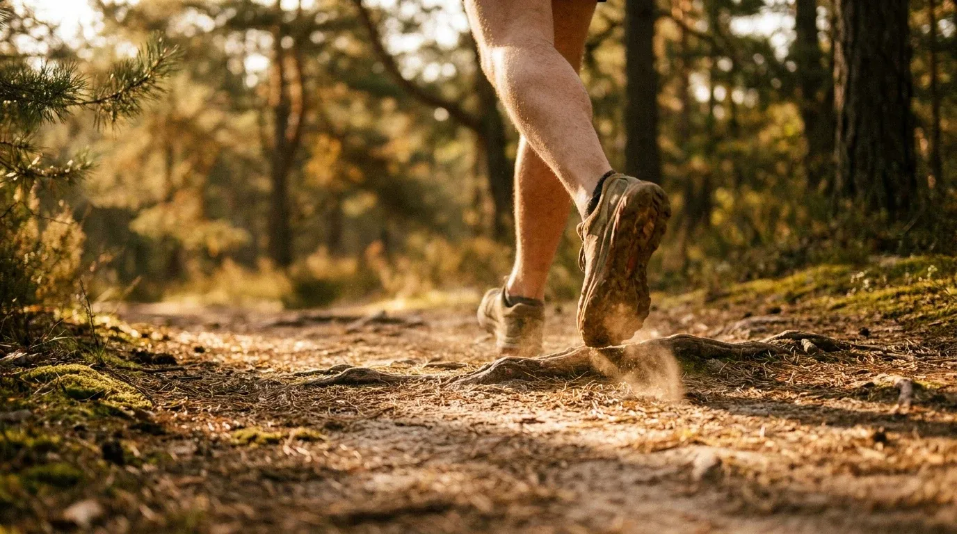 Close-up of a trail runner's legs mid-stride on a dusty forest path in golden morning light.