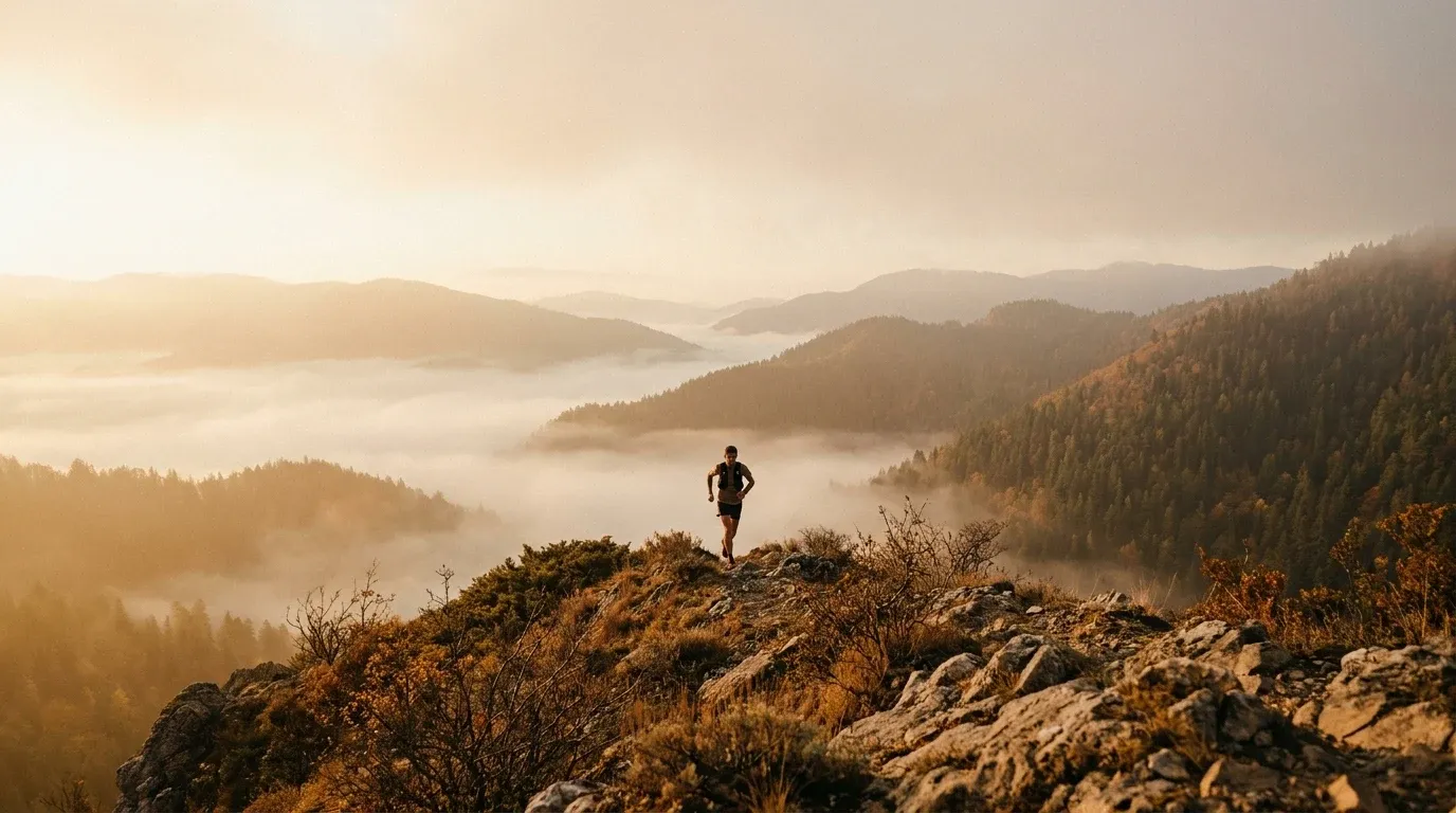 A lone trail runner silhouetted atop a foggy ridgeline at golden hour, dwarfed by expansive autumn mountain terrain below.